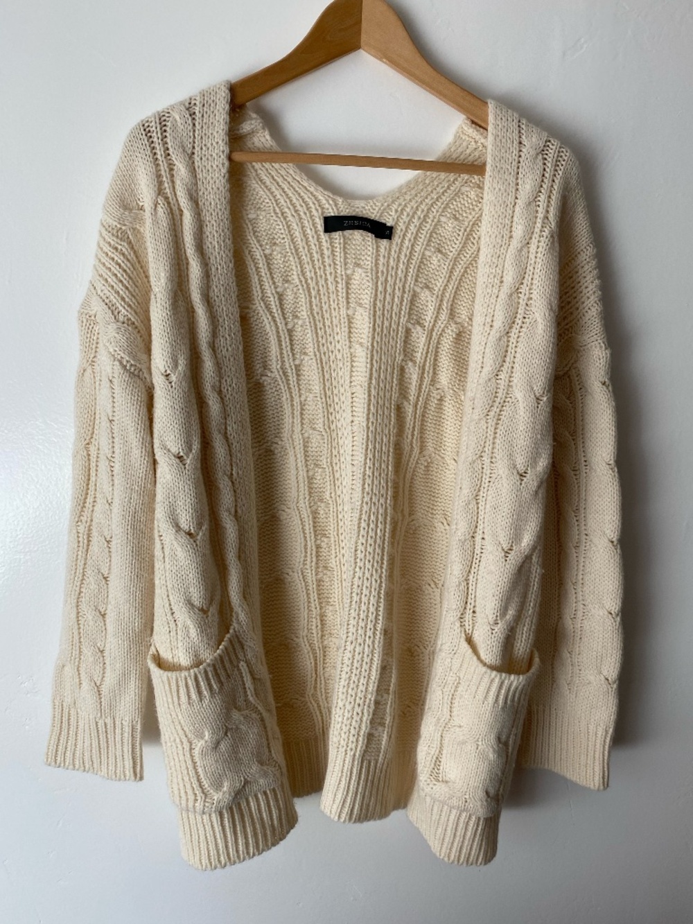 Cream Cable Knit Open Front Cardigan Size S Women's Fisherman Soft Cottagecore